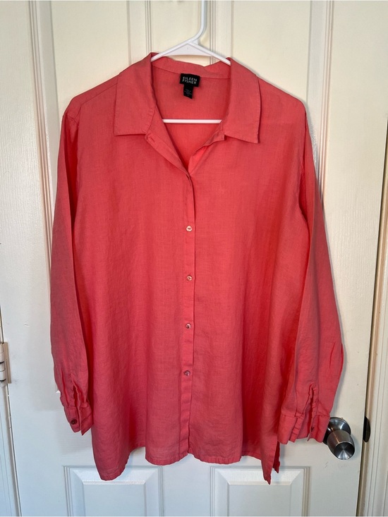 Eileen Fisher Tops - Eileen Fisher 100% Irish Linen Button Front Shirt Large Coral Long Sleeve